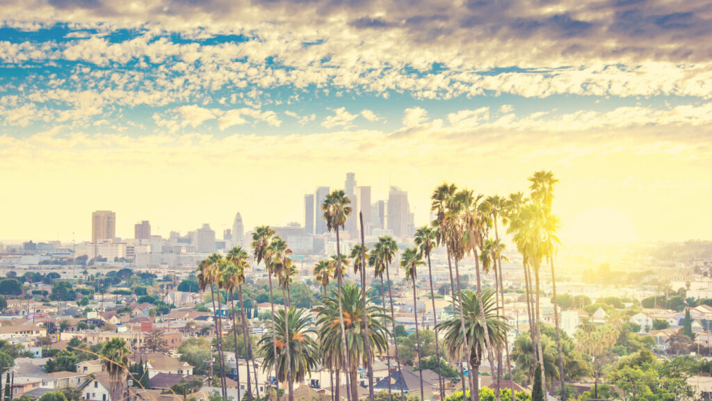 Los Angeles skyline with palm trees in front and sun shining by the skyline and some clouds overhead
